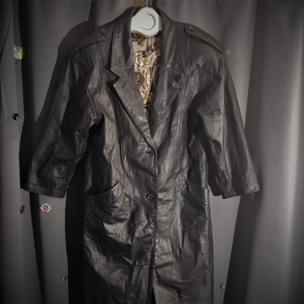Vintage Split End Ltd Full Length Black Leather Trench Coat size Medium